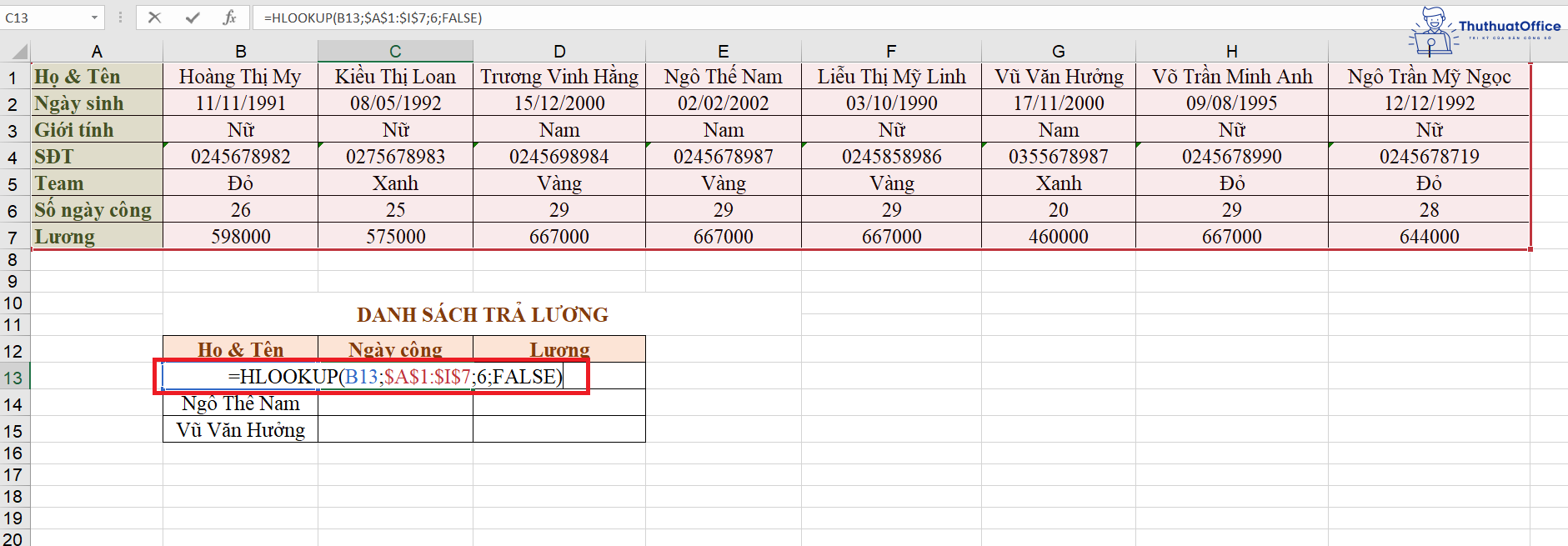 HLOOKUP trong Excel