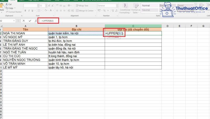chuyển chữ thường thành chữ hoa trong Excel