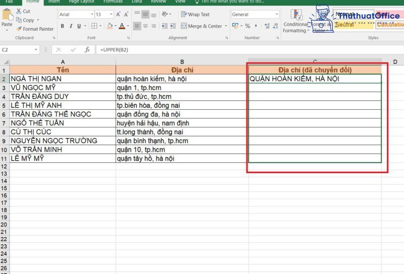 chuyển chữ thường thành chữ hoa trong Excel