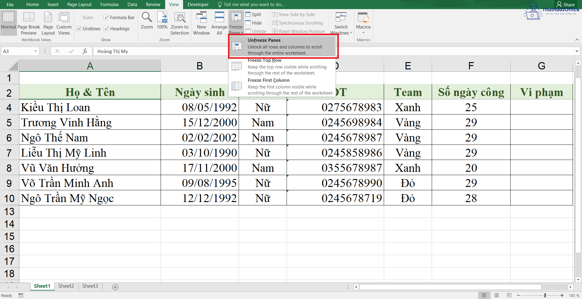 cố định ô trong Excel