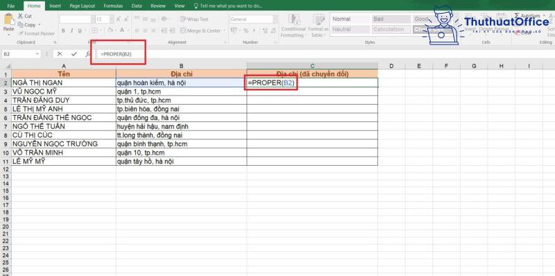 chuyển chữ thường thành chữ hoa trong Excel