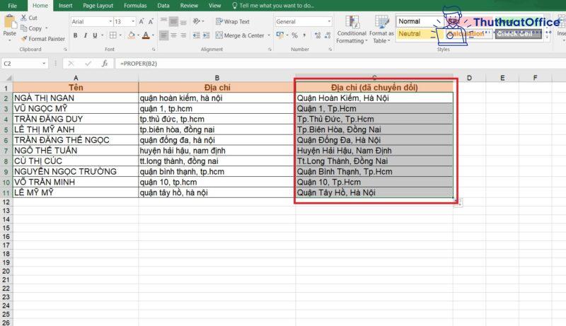 chuyển chữ thường thành chữ hoa trong Excel