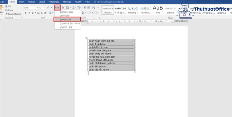 chuyển chữ thường thành chữ hoa trong Excel
