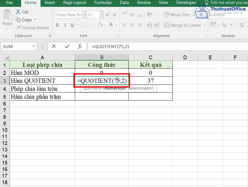 phép chia trong Excel