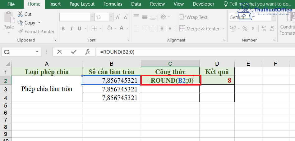 phép chia trong Excel