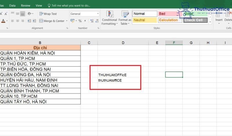 chuyển chữ thường thành chữ hoa trong Excel