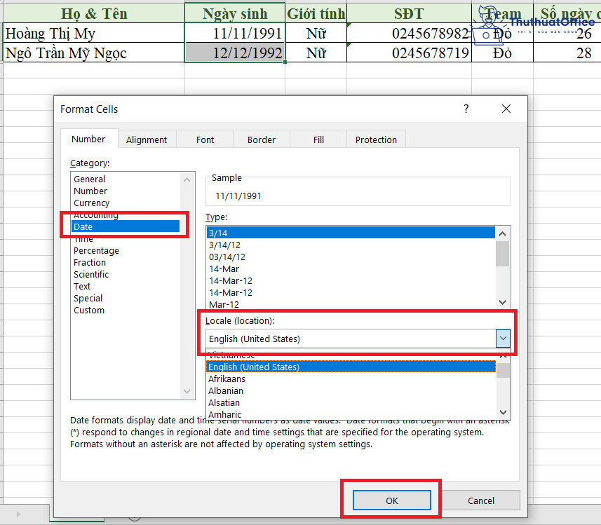 định dạng ngày tháng trong Excel