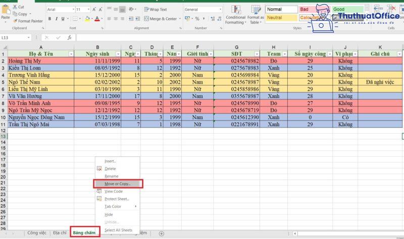 copy sheet trong Excel