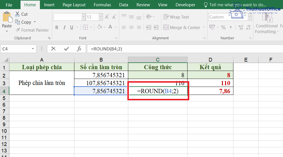 phép chia trong Excel