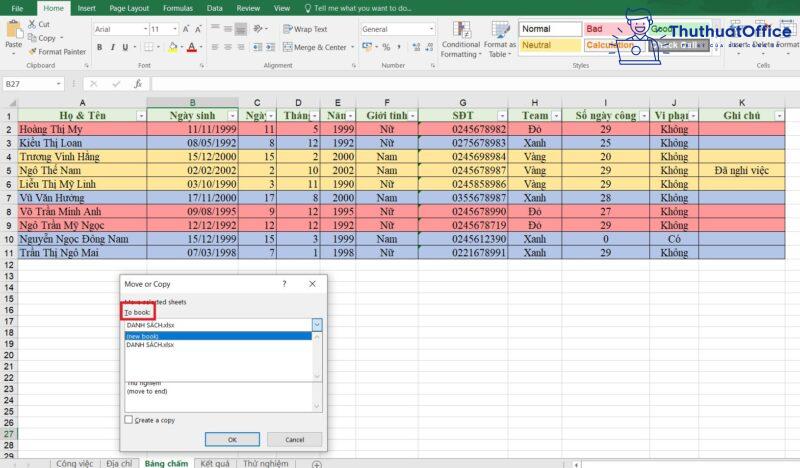 copy sheet trong Excel