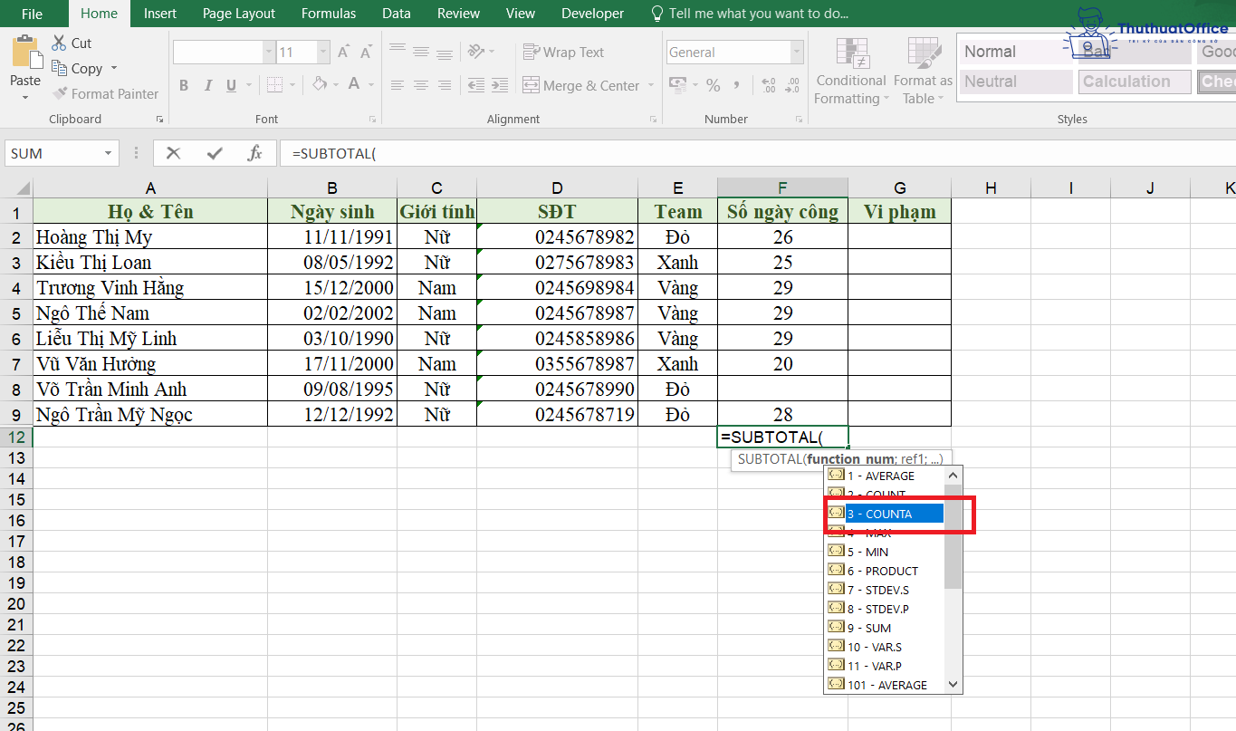 SUBTOTAL trong Excel