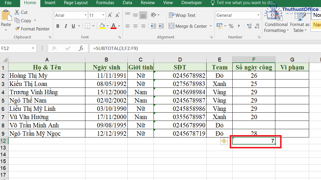 SUBTOTAL trong Excel