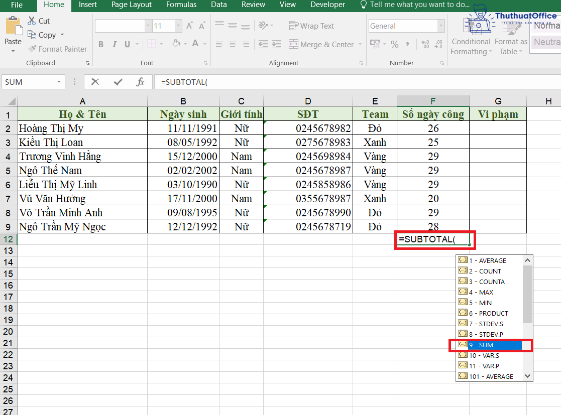 SUBTOTAL trong Excel