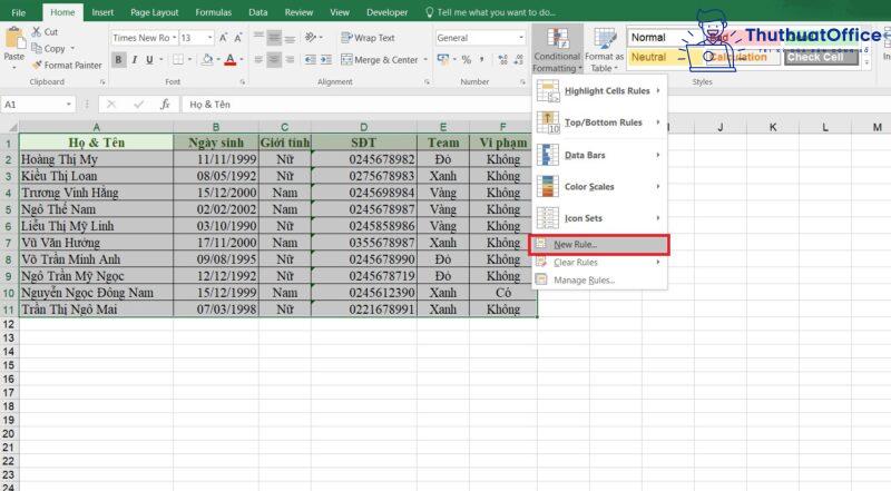 tô màu dòng có điều kiện trong Excel