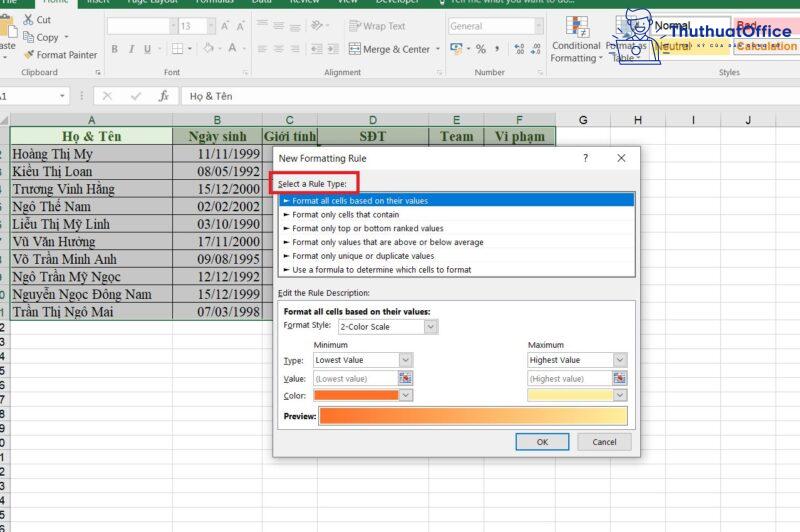 tô màu dòng có điều kiện trong Excel