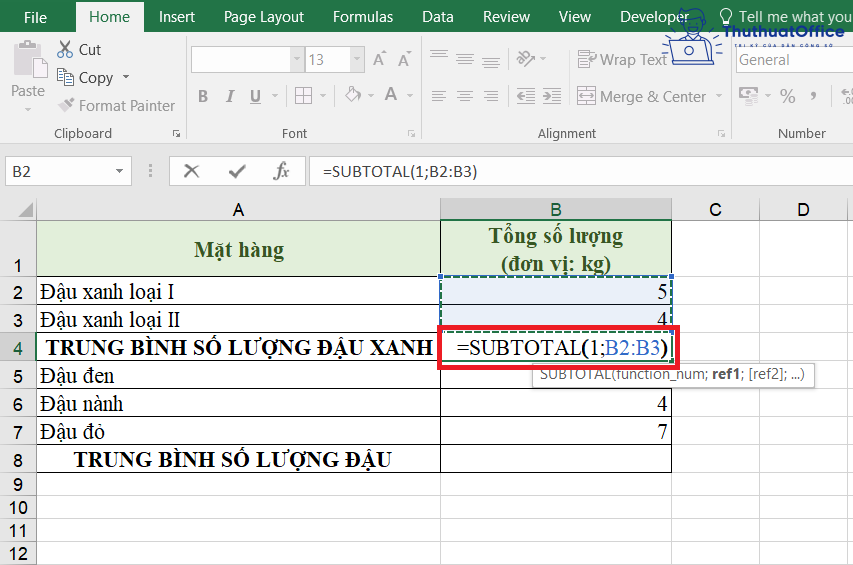 SUBTOTAL trong Excel