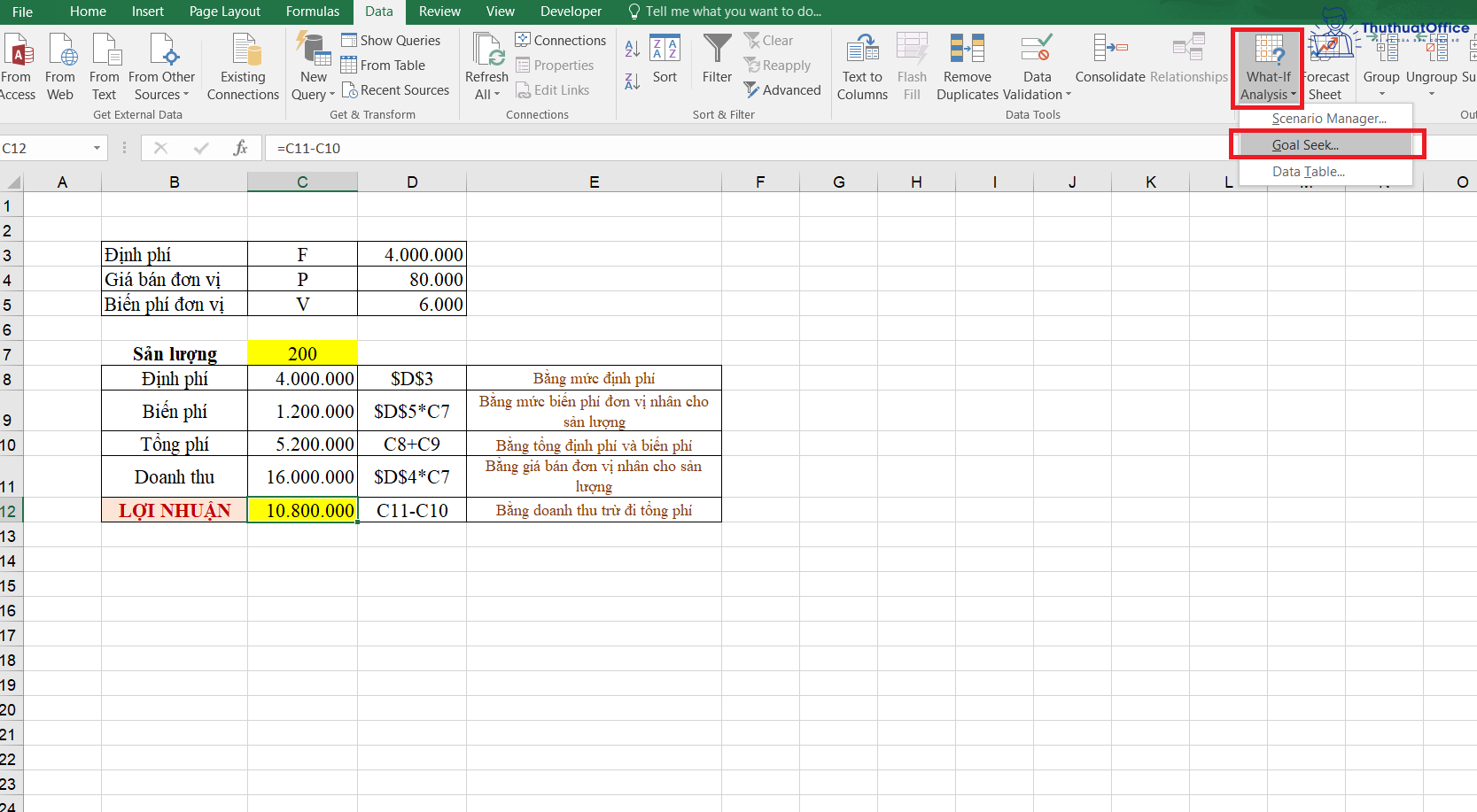 cách tính điểm hòa vốn trong Excel