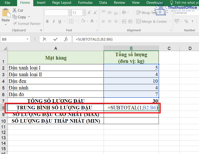 SUBTOTAL trong Excel