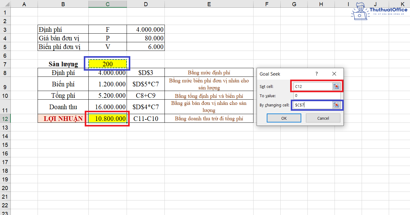 cách tính điểm hòa vốn trong Excel