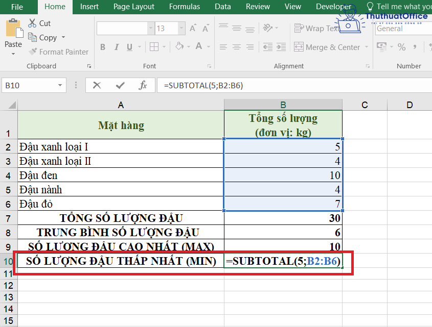 SUBTOTAL trong Excel