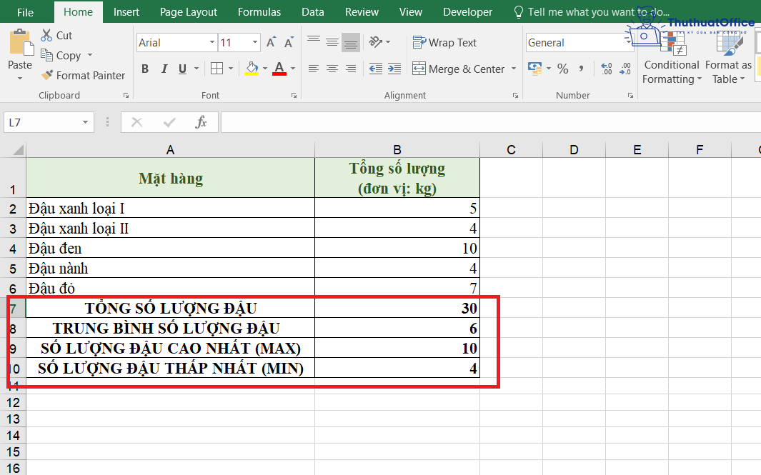 SUBTOTAL trong Excel