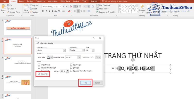 cách viết chỉ số dưới trong PowerPoint