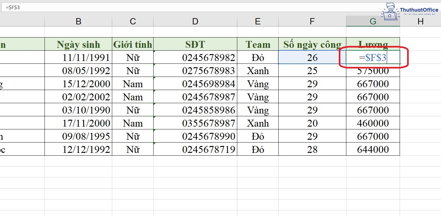 cố định ô trong Excel