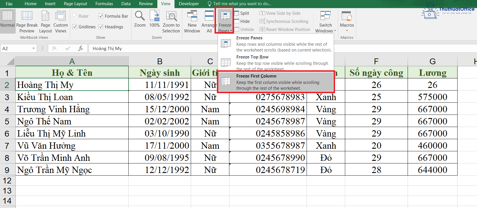 cố định ô trong Excel