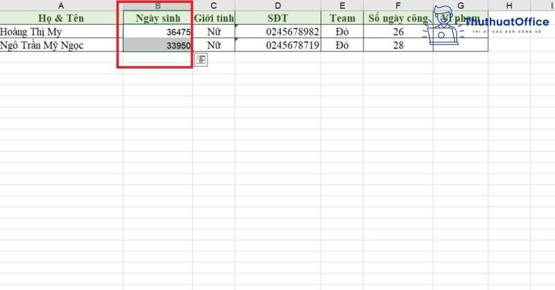 định dạng ngày tháng trong Excel