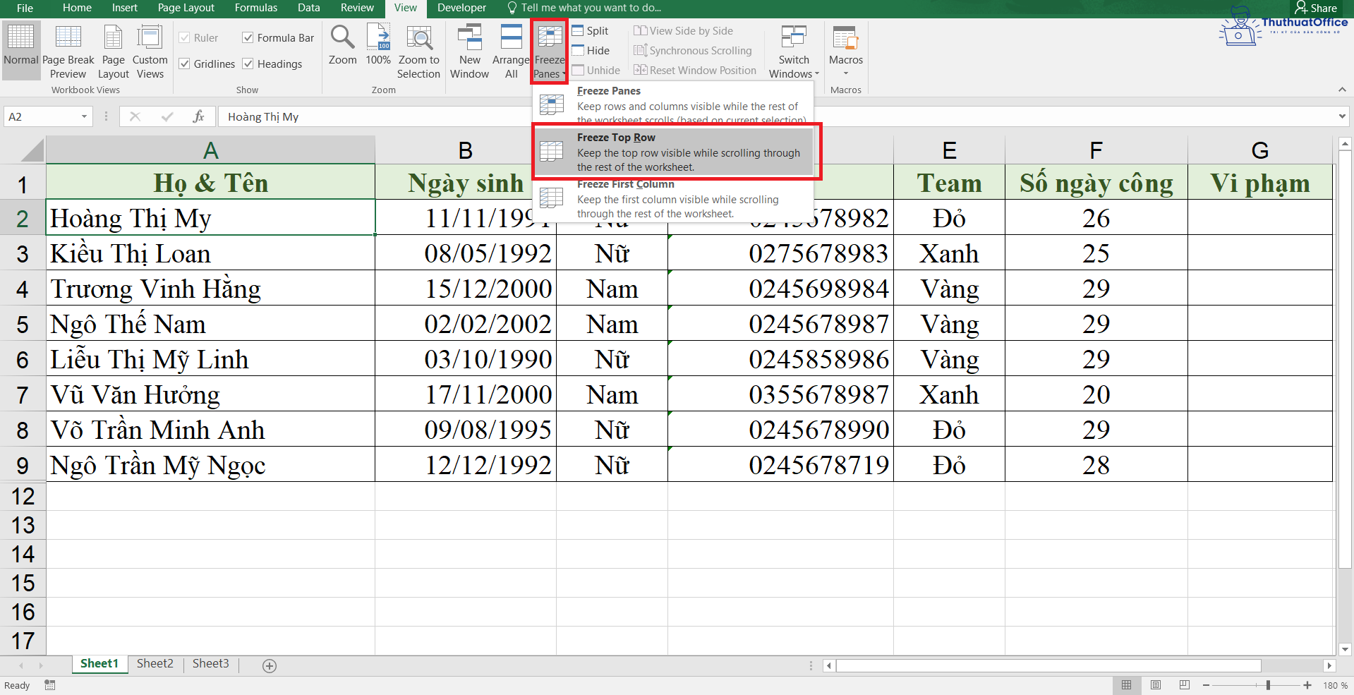 cố định ô trong Excel