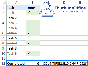 dấu tích trong excel