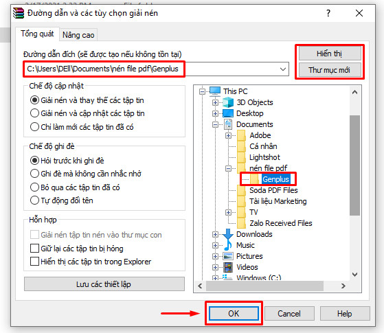 Chọn địa chỉ giải nén file zip