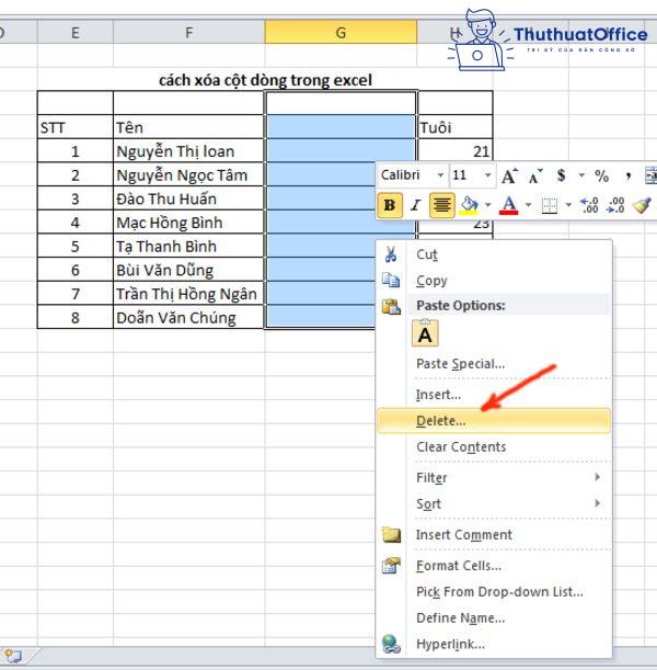 cách thêm cột trong Excel