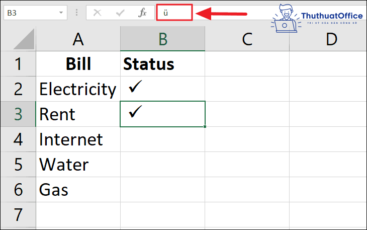 dấu tích trong excel