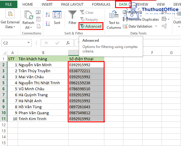 Cách lọc số điện thoại trong Excel