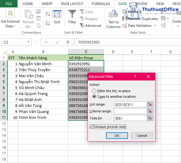 Cách lọc số điện thoại trong Excel