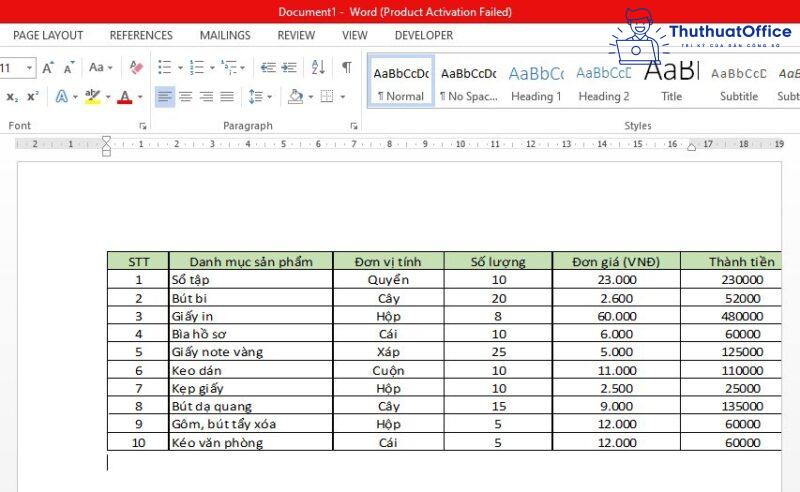 chuyển Excel sang Word