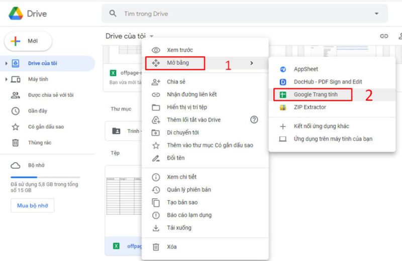 Mở file Excel bằng Google trang tính