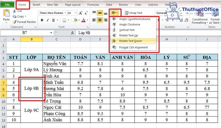 Xoay chữ trong Excel