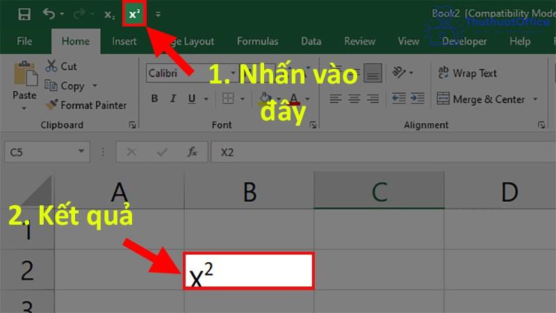 viết số mũ trong Excel 12