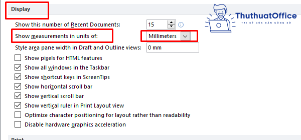 chỉnh đơn vị trong Word