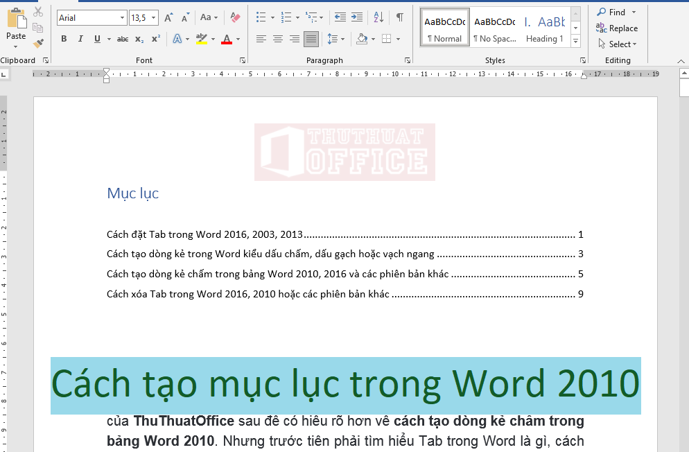 tao muc luc trong Word 2010 00