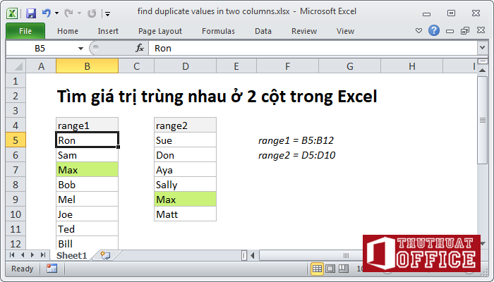 tim gia tri trung nhau o 2 cot trong Excel 00