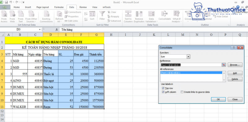 tổng hợp dữ liệu từ nhiều sheet trong Excel