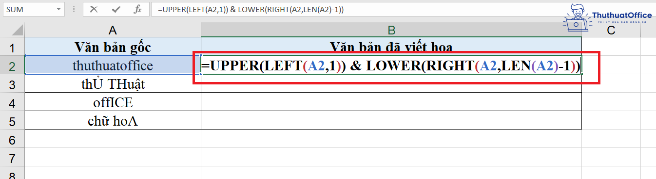 viết hoa chữ cái đầu trong Excel