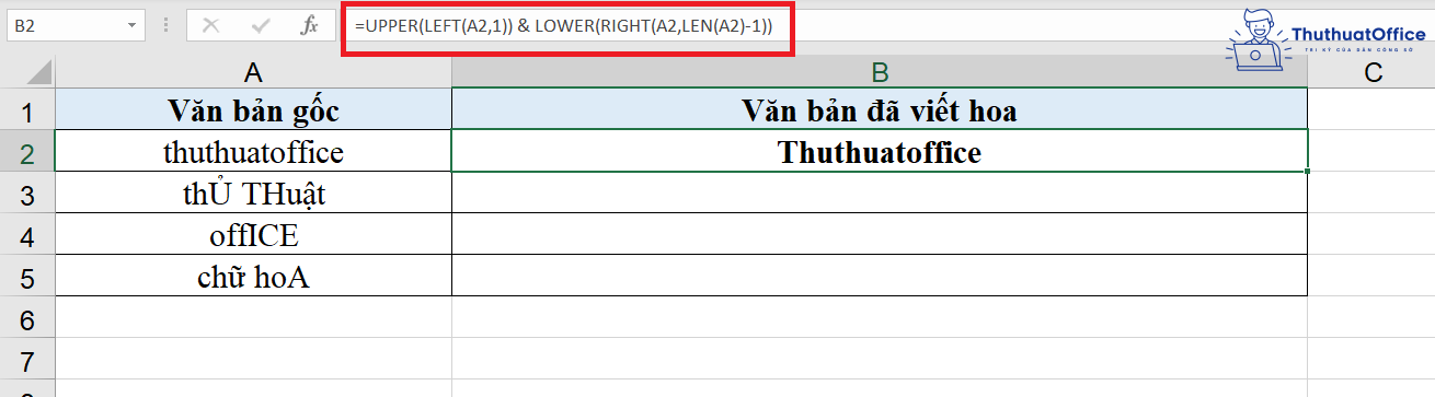 viết hoa chữ cái đầu trong Excel