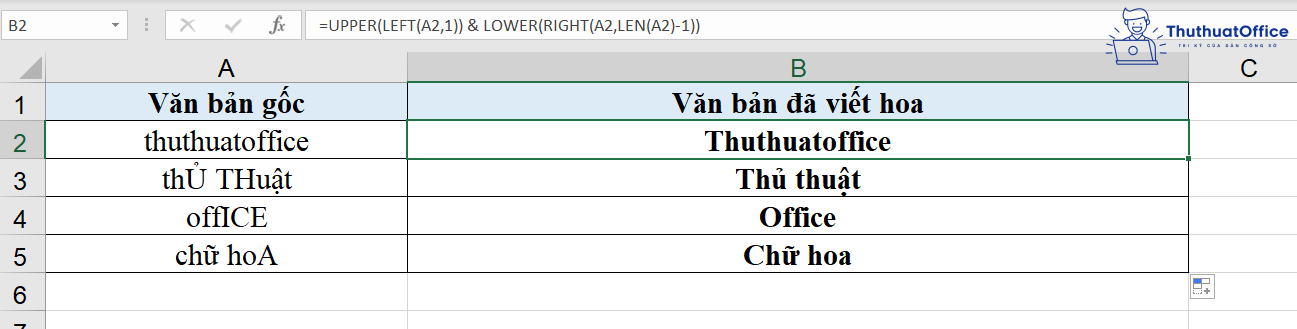 viết hoa chữ cái đầu trong Excel