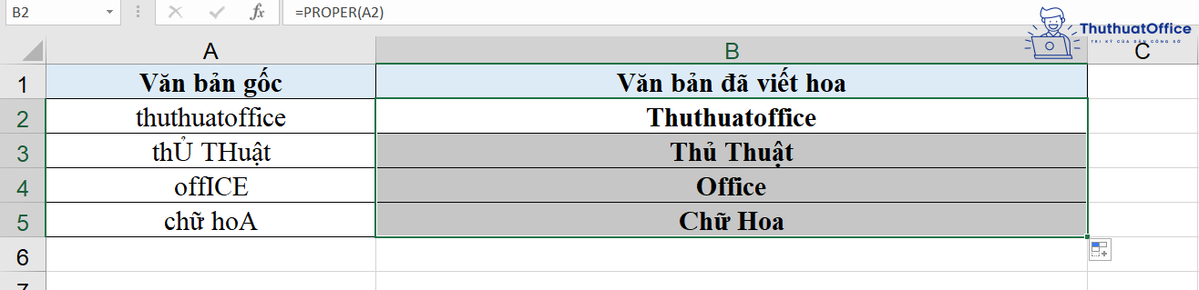 viết hoa chữ cái đầu trong Excel