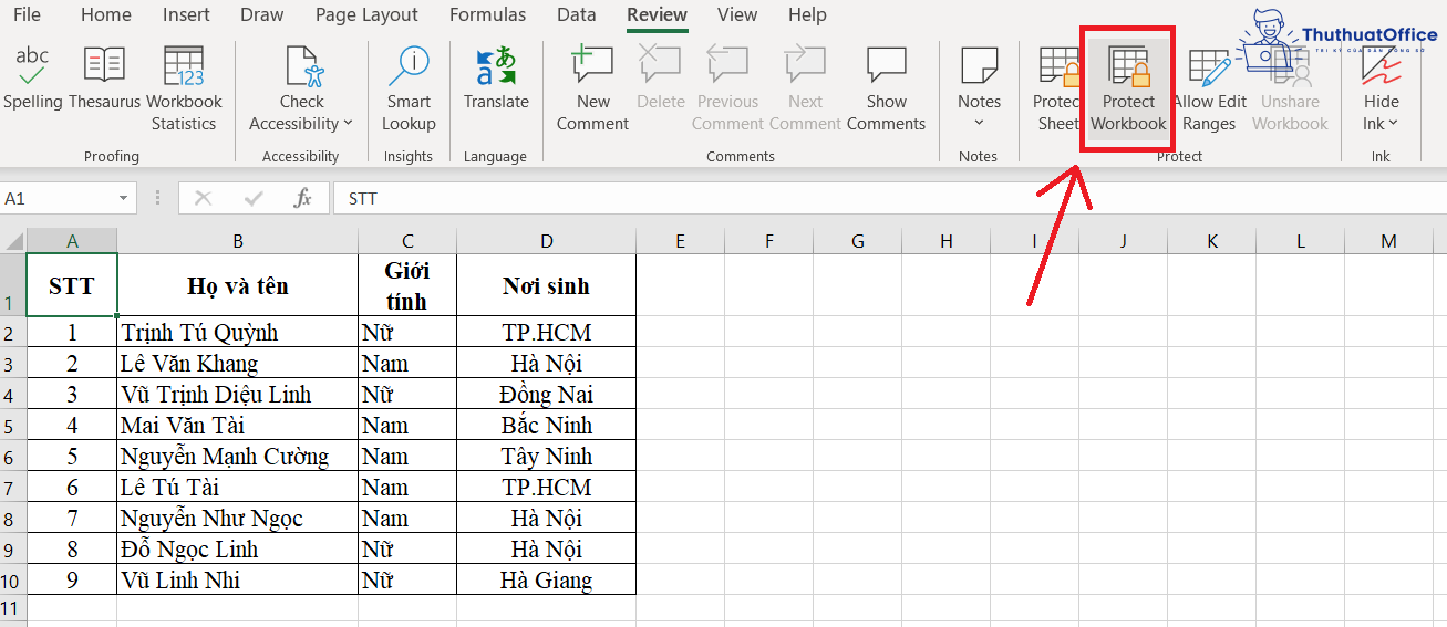 khoá file Excel