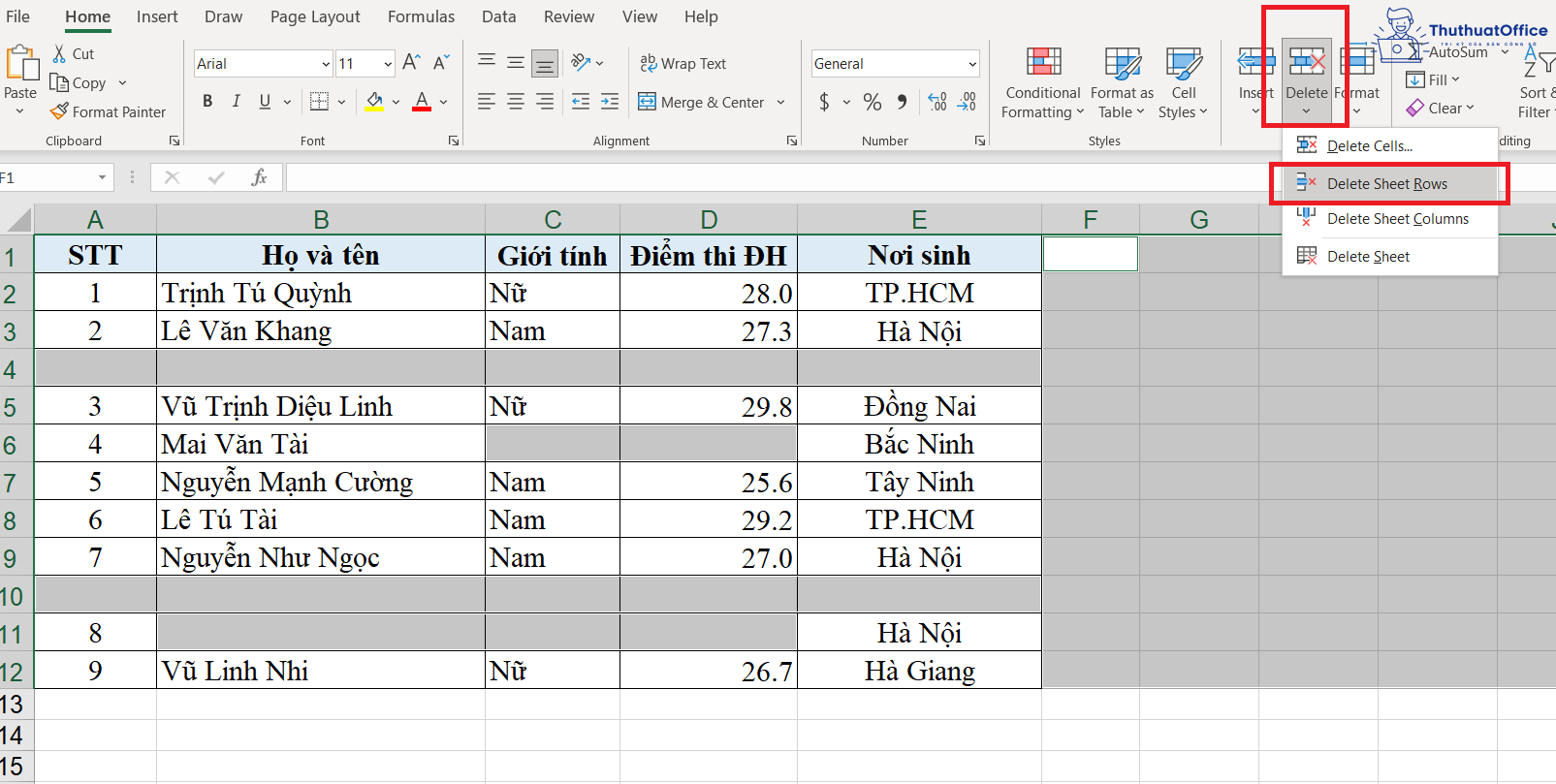 xóa dòng trống trong Excel